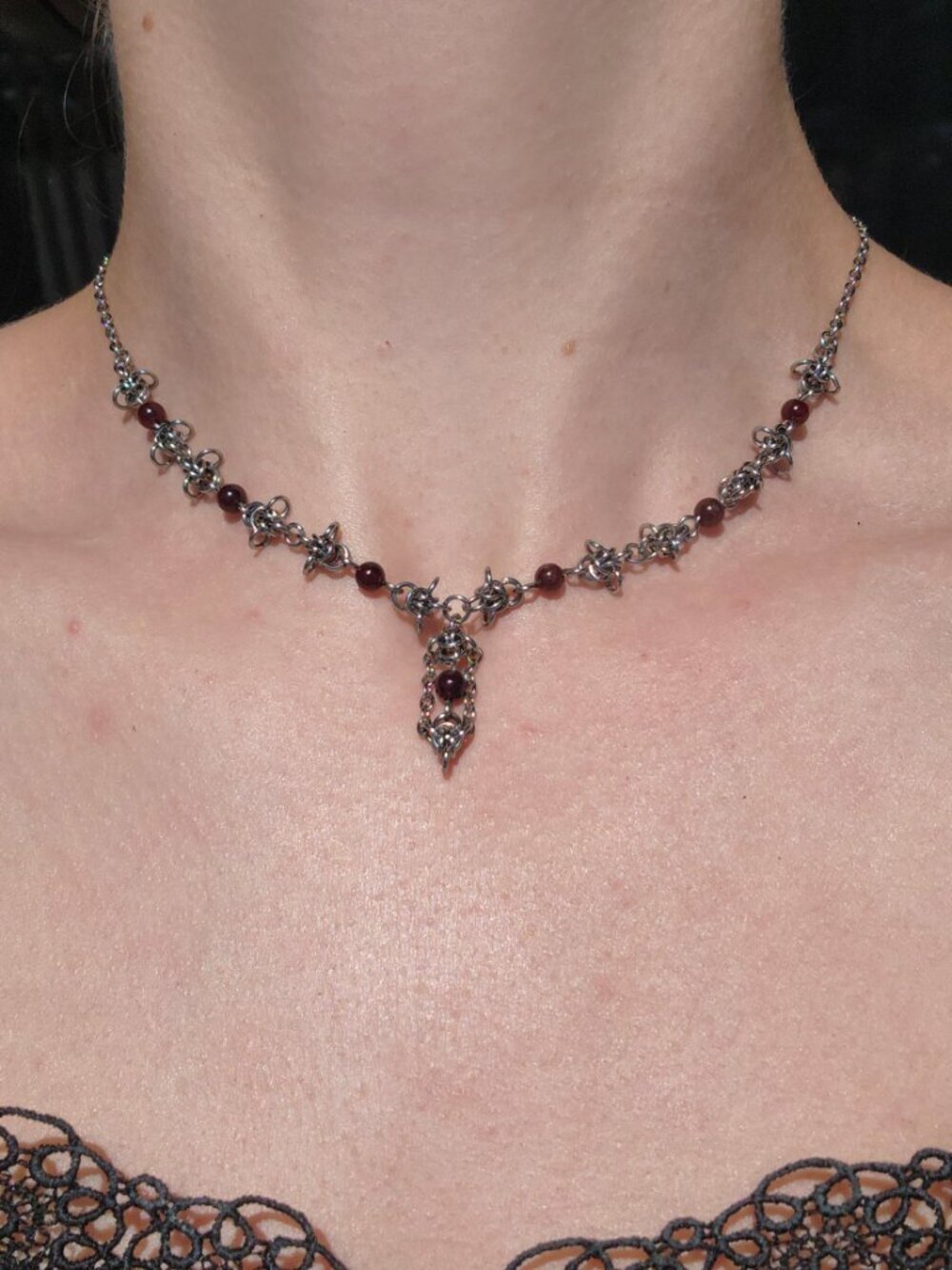 Gothic victorian style red and silver necklace with a small silver chain